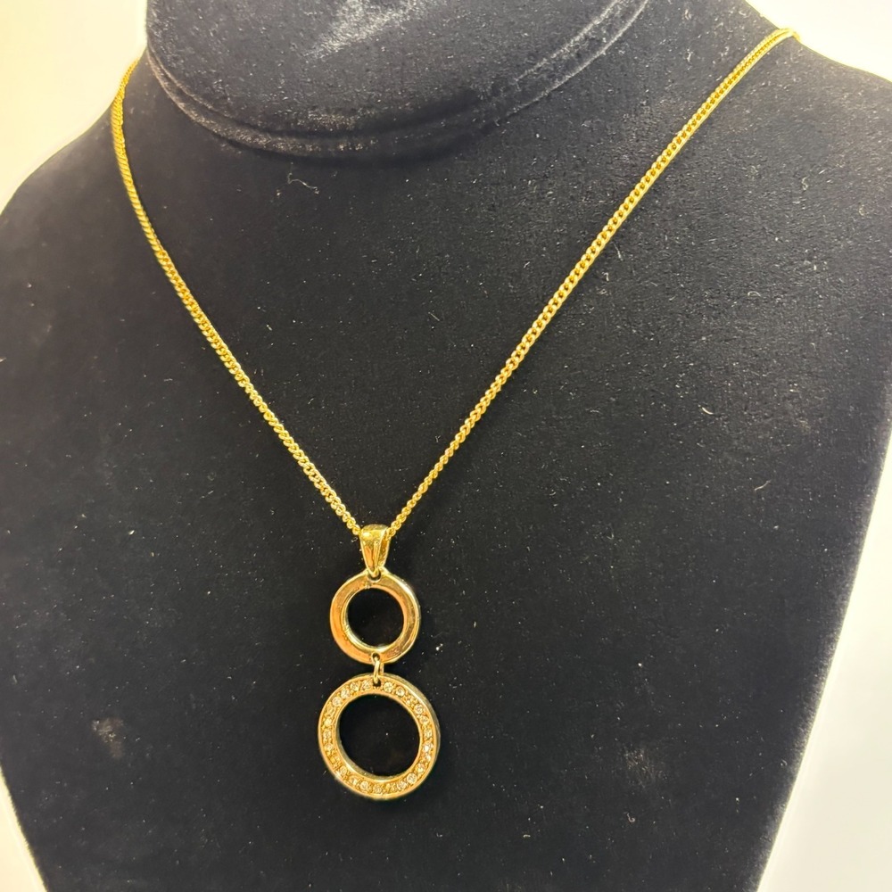 Necklace Gold Tone Double Ring Rhinestone Pendant Y2K Fashion‎